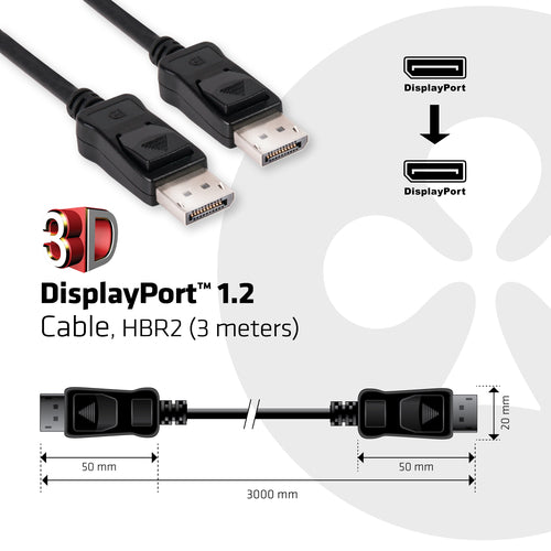 CLUB3D Displayport 1.2 Cable M/M 3Meter 4K60Hz 21.6Gbps, 3 m, DisplayPort, DisplayPort, Mannelijk, Mannelijk, 3840 x 2160 Pixels