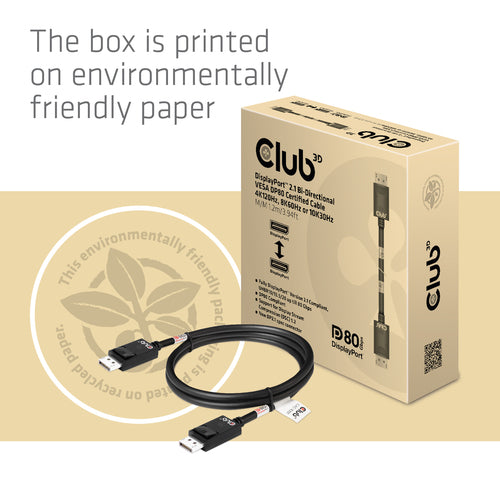 CLUB3D DisplayPort 2.1 Bi-Directional VESA DP80 Gecertificeerde kabel 4K240Hz, 8K60Hz or 10K30Hz M/M 1.2m/3.94ft, 1,2 m, DisplayPort, DisplayPort, Mannelijk, Mannelijk, 10328 x 7760 Pixels
