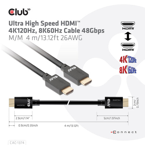 CLUB3D Ultra High Speed ââHDMIâ¢2.1 gecertificeerde kabel 4K120Hz, 144Hz 48Gbps M/V 4 Meter, 4 m, HDMI Type A (Standaard), HDMI Type A (Standaard), Zwart