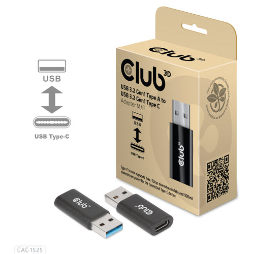 CLUB3D USB 3.2 Gen1 Type A to USB 3.2 Gen1 Type C Adapter M/F, USB A, USB TYPE C, 0 m, Zwart