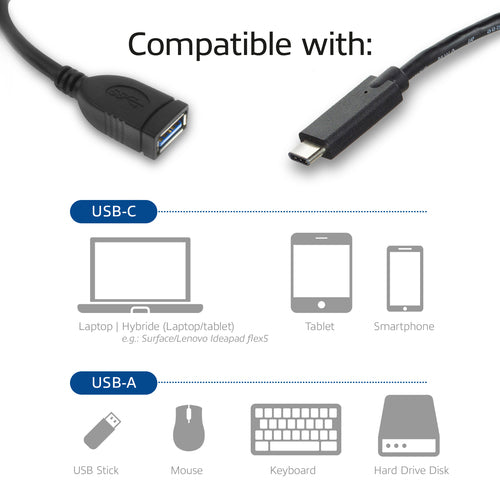 ACT USB 3.0 kabel OTG, USB-C male naar USB-A female, 0,2 meter, 0,2 m, USB C, USB A, USB 3.2 Gen 1 (3.1 Gen 1), 5 Gbit/s, Zwart