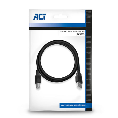 ACT USB 2.0 aansluitkabel A male - B male, 3 meter, 3 m, USB A, USB B, USB 2.0, 0,48 Gbit/s, Zwart