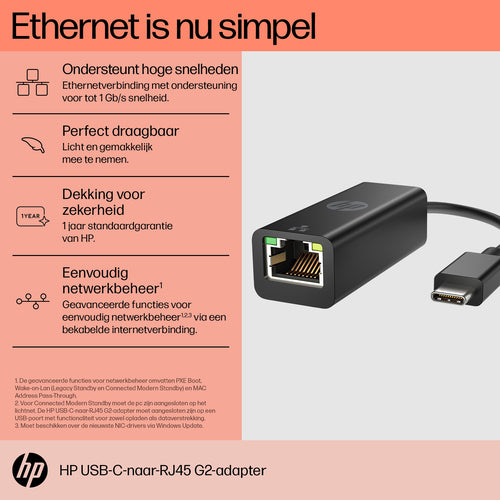 HP USB-C naar RJ45 adapter G2, Bedraad, USB Type-C, Zwart, Thuis, Windows 10, Windows 11, ChromeOS