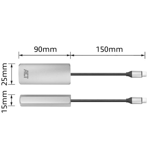 ACT USB-C Gigabit ethernet adapter, Bedraad, USB Type-C, Ethernet, 1000 Mbit/s, Zilver