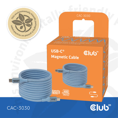 CLUB3D USB-CÂ® Magnetic-Coil 240W PD3.1 Blue Cable 2m / 6.56ft Fast Charging, 2 m, USB C, USB C, Blauw