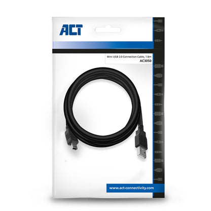 ACT USB 2.0 aansluitkabel A male - mini B male 1,8 meter, 1,8 m, USB A, Mini-USB B, USB 2.0, 0,48 Gbit/s, Zwart