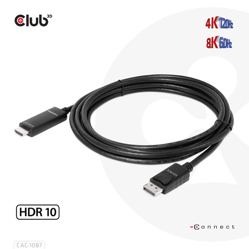 CLUB3D DisplayPort 1.4 to HDMI 4K120Hz or 8K60Hz HDR10 Cable M/M 3m/9.84ft, 3 m, DisplayPort, HDMI, Mannelijk, Mannelijk, Recht