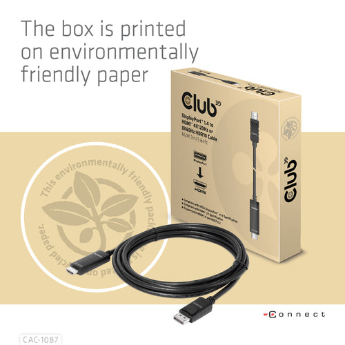 CLUB3D DisplayPort 1.4 to HDMI 4K120Hz or 8K60Hz HDR10 Cable M/M 3m/9.84ft, 3 m, DisplayPort, HDMI, Mannelijk, Mannelijk, Recht