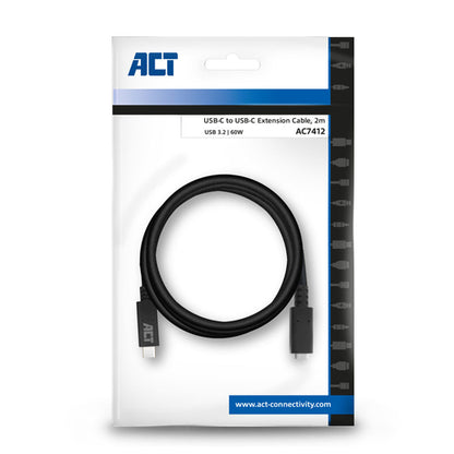ACT USB 3.0 verlengkabel, USB-C, 2 meter, 2 m, USB C, USB C, USB 3.2 Gen 1 (3.1 Gen 1), 5 Gbit/s, Zwart