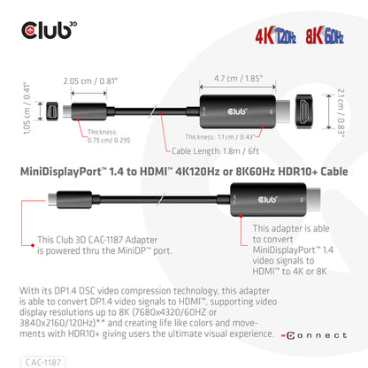 CLUB3D MiniDisplayPort kabel 1.4 naar HDMI met 4K120Hz/8K60Hz HDR10+ M/M 1.8m, 1,8 m, Mini DisplayPort, HDMI, Mannelijk, Mannelijk, Recht