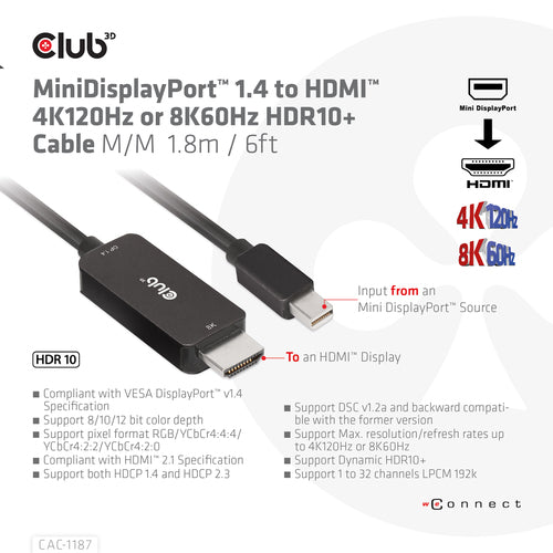 CLUB3D MiniDisplayPort kabel 1.4 naar HDMI met 4K120Hz/8K60Hz HDR10+ M/M 1.8m, 1,8 m, Mini DisplayPort, HDMI, Mannelijk, Mannelijk, Recht