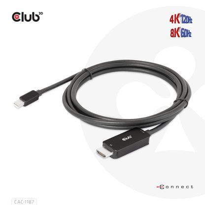 CLUB3D MiniDisplayPort kabel 1.4 naar HDMI met 4K120Hz/8K60Hz HDR10+ M/M 1.8m, 1,8 m, Mini DisplayPort, HDMI, Mannelijk, Mannelijk, Recht