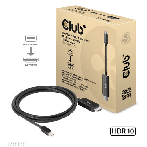 CLUB3D MiniDisplayPort kabel 1.4 naar HDMI met 4K120Hz/8K60Hz HDR10+ M/M 1.8m, 1,8 m, Mini DisplayPort, HDMI, Mannelijk, Mannelijk, Recht