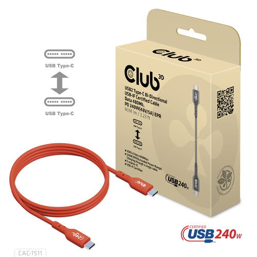 CLUB3D USB2 Type-C Bi-Directional USB-IF Certified Cable Data 480Mb, PD 240W(48V/5A) EPR M/M 1m / 3.23 ft, 1 m, USB C, USB C, USB 2.0, Oranje