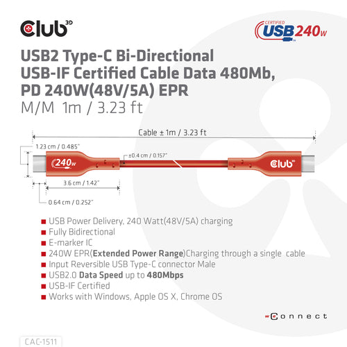 CLUB3D USB2 Type-C Bi-Directional USB-IF Certified Cable Data 480Mb, PD 240W(48V/5A) EPR M/M 1m / 3.23 ft, 1 m, USB C, USB C, USB 2.0, Oranje