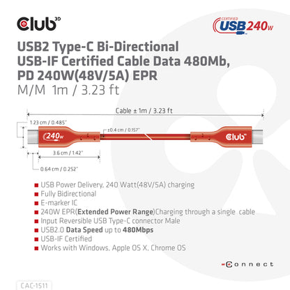 CLUB3D USB2 Type-C Bi-Directional USB-IF Certified Cable Data 480Mb, PD 240W(48V/5A) EPR M/M 1m / 3.23 ft, 1 m, USB C, USB C, USB 2.0, Oranje