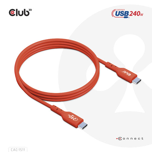 CLUB3D USB2 Type-C Bi-Directional USB-IF Certified Cable Data 480Mb, PD 240W(48V/5A) EPR M/M 4m / 13.13ft, 4 m, USB C, USB C, USB 2.0, Oranje, Rood