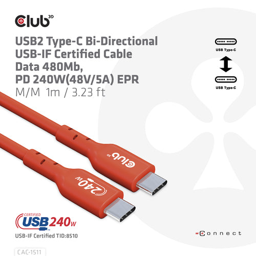 CLUB3D USB2 Type-C Bi-Directional USB-IF Certified Cable Data 480Mb, PD 240W(48V/5A) EPR M/M 1m / 3.23 ft, 1 m, USB C, USB C, USB 2.0, Oranje