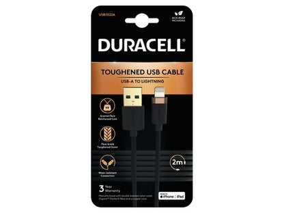 Duracell USB7022A, Zwart, Apple iPhone 5, 5C, 5S, iPad 4, iPad Mini, iPod Nano 7G, iPad Touch 5G, 67 g, 5 mm, 5 mm, 2000 mm