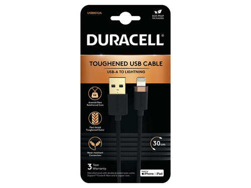 Duracell USB8012A, Zwart, Apple iPhone 5, 5C, 5S, iPad 4, iPad Mini, iPod Nano 7G, iPad Touch 5G, 19 g, 5 mm, 5 mm, 300 mm