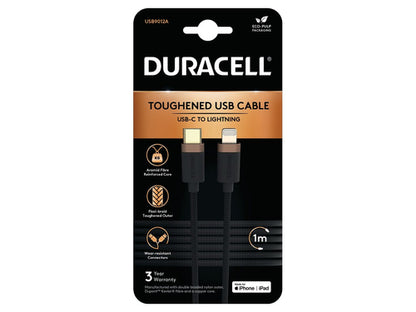 Duracell USB9012A, Zwart, Apple iPhone 5, 5C, 5S, iPad 4, iPad Mini, iPod Nano 7G, iPad Touch 5G, 67 g, 5 mm, 5 mm, 1000 mm