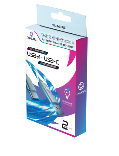 Oniverse ONICAB1-CTYPEC2-LED, 2 m, USB A, USB C, Blauw, Zilver