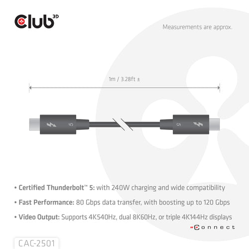 CLUB3D Thunderboltâ¢ 5 Gecertificeerd 8K240Hz 80/120 Gbps EPR 240 Watt Kabel M/M 1m, Man, Man, 1 m, Zwart, 120 Gbit/s, 2 g