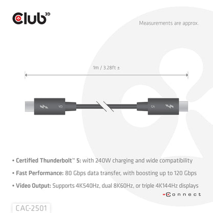 CLUB3D Thunderboltâ¢ 5 Gecertificeerd 8K240Hz 80/120 Gbps EPR 240 Watt Kabel M/M 1m, Man, Man, 1 m, Zwart, 120 Gbit/s, 2 g