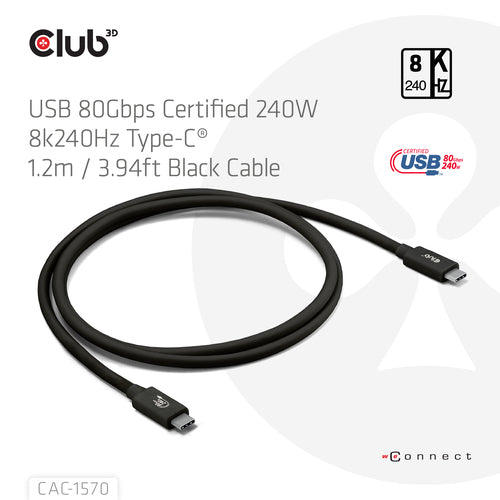 CLUB3D USB 80Gbps Certified 240W 8K240Hz Type-CÂ® 1.2m / 3.94ft Black Cable, 2 g, 45 g, 10 g, 225 g, 8544 4290