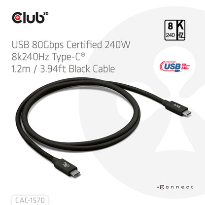 CLUB3D USB 80Gbps Certified 240W 8K240Hz Type-CÂ® 1.2m / 3.94ft Black Cable, 2 g, 45 g, 10 g, 225 g, 8544 4290