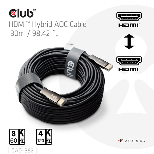 CLUB3D HDMIâ¢ Hybrid AOC Cable 8K60Hz/4K120Hz 30m / 98.42 ft, 30 m, HDMI Type A (Standaard), HDMI Type A (Standaard)