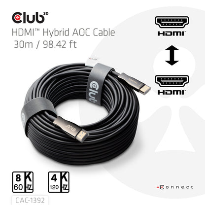 CLUB3D HDMIâ¢ Hybrid AOC Cable 8K60Hz/4K120Hz 30m / 98.42 ft, 30 m, HDMI Type A (Standaard), HDMI Type A (Standaard)