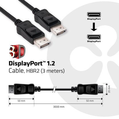 CLUB3D Displayport 1.2 Cable M/M 3Meter 4K60Hz 21.6Gbps, 3 m, DisplayPort, DisplayPort, Mannelijk, Mannelijk, 3840 x 2160 Pixels