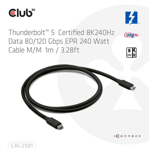 CLUB3D Thunderboltâ¢ 5 Gecertificeerd 8K240Hz 80/120 Gbps EPR 240 Watt Kabel M/M 1m, Man, Man, 1 m, Zwart, 120 Gbit/s, 2 g