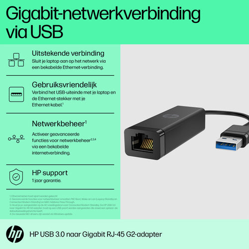 HP USB 3.0-naar-Gigabit RJ45-adapter G2, Bedraad, USB, Ethernet