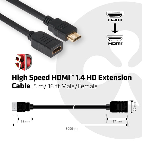 CLUB3D High Speed HDMIâ¢ 1.4 HD Extension Kabel 5meter M/F, 5 m, HDMI Type A (Standaard), HDMI Type A (Standaard), 3D, 10,2 Gbit/s, Zwart