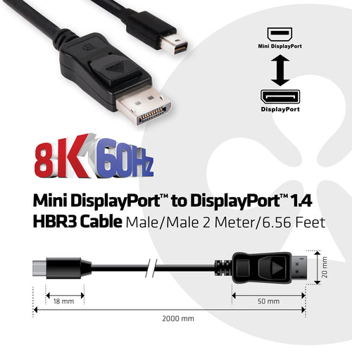 CLUB3D Mini DisplayPort naar DisplayPort 1.4 HBR3 8K60Hz Kabel, 2 Meter, 2 m, Mini Displayport, Displayport, Mannelijk, Mannelijk, 7680 x 4320 Pixels