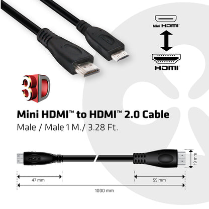 CLUB3D Mini HDMIâ¢ to HDMIâ¢ 2.0 4K60Hz Kabel 1Meter, 1 m, HDMI Type C (Mini), HDMI Type A (Standaard), 18 Gbit/s, Zwart