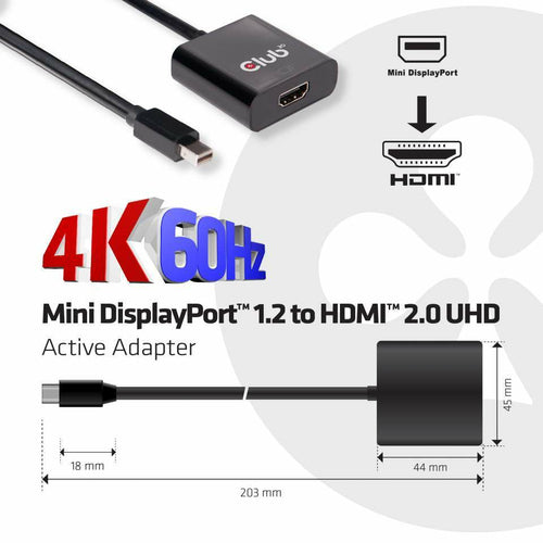 CLUB3D Mini DisplayPort 1.2 to HDMI 2.0 UHD Active Adapter, DisplayPort 1.2, HDMI 2.0, 0,15 m, Zwart