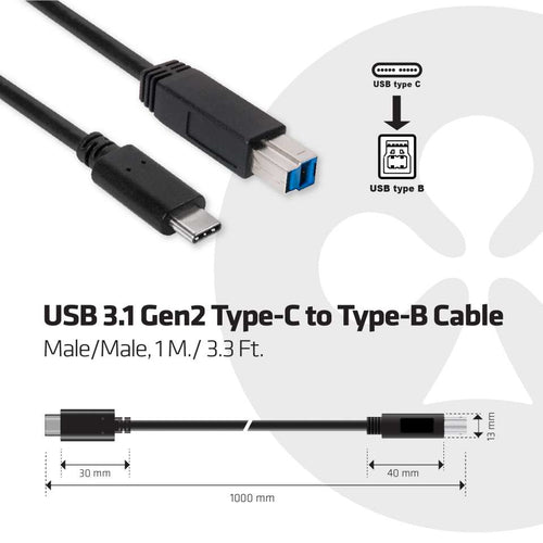 CLUB3D USB 3.1 Gen2 Type-C to Type-B Cable Male/Male, 1 meter, 1 m, USB 3.1 Gen2 Type C, USB B, Zwart