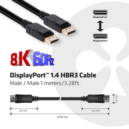 CLUB3D DisplayPort 1.4 HBR3 Cable 1meter Male/Male 8K60Hz, 1 m, DisplayPort, DisplayPort, Mannelijk, Mannelijk, 7680 x 4320 Pixels