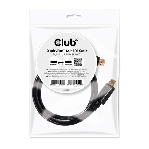 CLUB3D DisplayPort 1.4 HBR3 Cable 1meter Male/Male 8K60Hz, 1 m, DisplayPort, DisplayPort, Mannelijk, Mannelijk, 7680 x 4320 Pixels