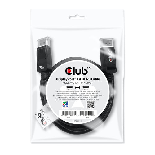 CLUB3D DisplayPort 1.4 HBR3 Cable 2meter M/M 8K60Hz - 1920x1080 pixels met 144hz, 2 m, DisplayPort, DisplayPort, Mannelijk, Mannelijk, 7680 x 4320 Pixels