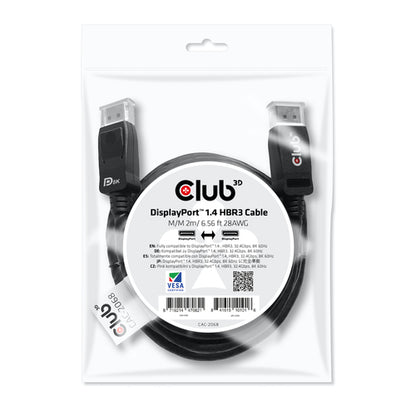CLUB3D DisplayPort 1.4 HBR3 Cable 2meter M/M 8K60Hz - 1920x1080 pixels met 144hz, 2 m, DisplayPort, DisplayPort, Mannelijk, Mannelijk, 7680 x 4320 Pixels
