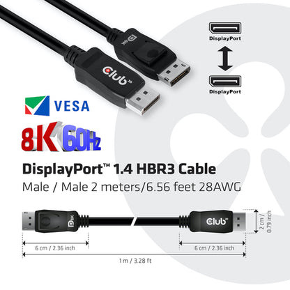 CLUB3D DisplayPort 1.4 HBR3 Cable 2meter M/M 8K60Hz - 1920x1080 pixels met 144hz, 2 m, DisplayPort, DisplayPort, Mannelijk, Mannelijk, 7680 x 4320 Pixels