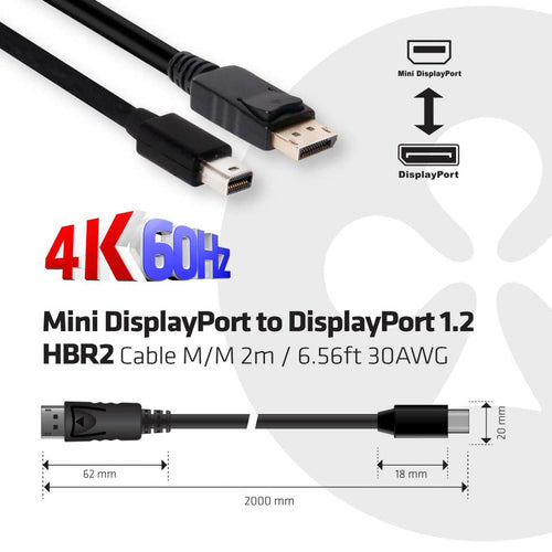 CLUB3D Mini DisplayPort to DisplayPort 1.2 M/M 2meter 4K60Hz, 2 m, Mini DisplayPort, DisplayPort, Mannelijk, Mannelijk, 4096 x 2160 Pixels