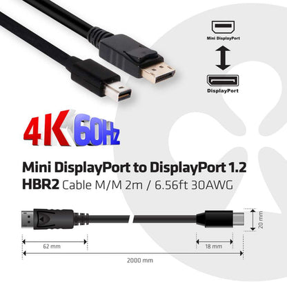 CLUB3D Mini DisplayPort to DisplayPort 1.2 M/M 2meter 4K60Hz, 2 m, Mini DisplayPort, DisplayPort, Mannelijk, Mannelijk, 4096 x 2160 Pixels