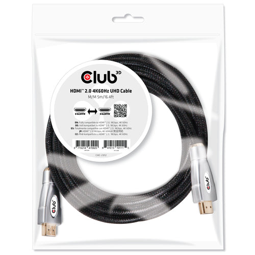 CLUB3D HDMI 2.0 4K60Hz UHD Cable 5m, 5 m, HDMI Type A (Standaard), HDMI Type A (Standaard), 3D, 18 Gbit/s, Zwart