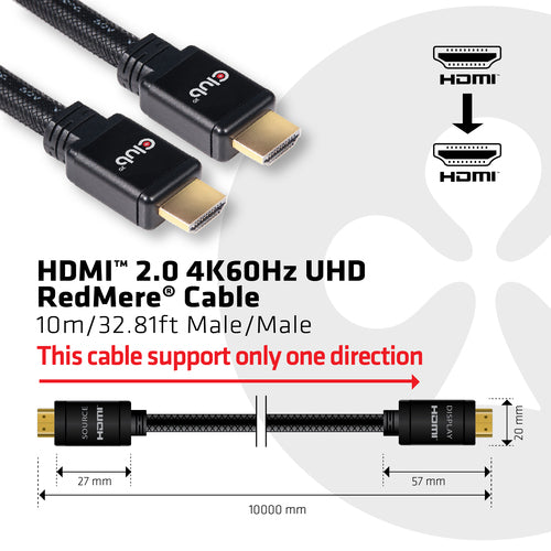 CLUB3D HDMI 2.0 4K60Hz RedMere Kabel 10 meter, 10 m, HDMI Type A (Standaard), HDMI Type A (Standaard), 3D, 18 Gbit/s, Zwart