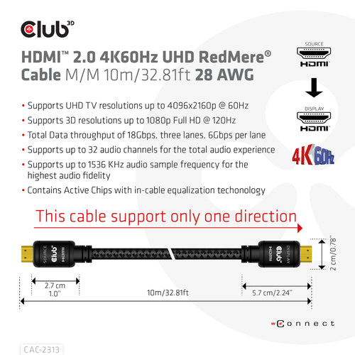 CLUB3D HDMI 2.0 4K60Hz RedMere Kabel 10 meter, 10 m, HDMI Type A (Standaard), HDMI Type A (Standaard), 3D, 18 Gbit/s, Zwart